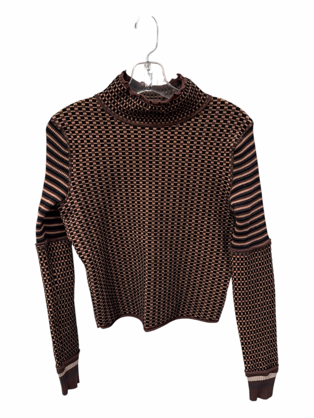 Free People We The Free Gamer Cuff Turtleneck Sweater Small Brown Cream Stripe - Picture 2 of 6